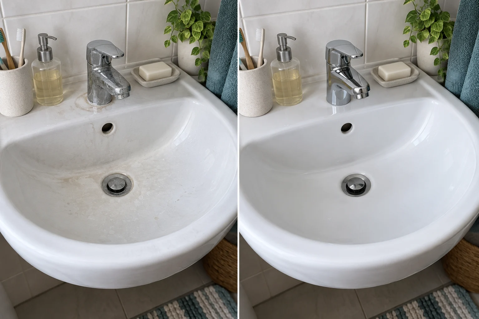 AI-generated comparison of the same bathroom sink: everyday soap residue before, clean basin and polished tap after