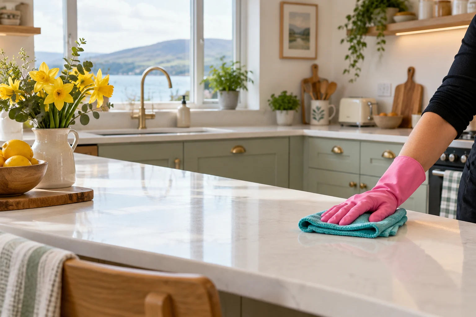 Illustrative image of a pink-gloved hand polishing a bright kitchen counter